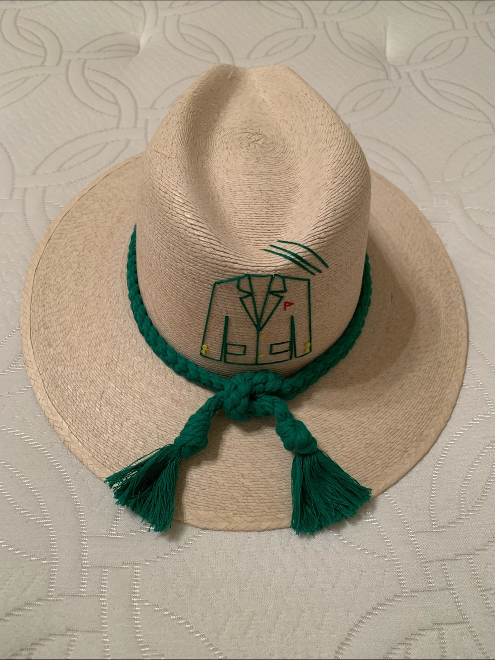 Embroidered Straw Hard Fedora Hat with Green Braided Trim